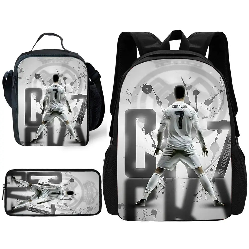 Ronaldo CR7 three-piece kids backpack set with lunch bag and pencil case in grayscale.