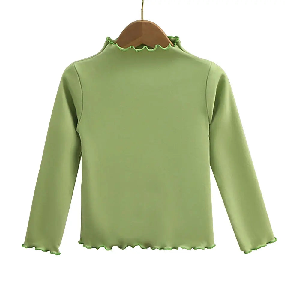 Autumn Winter Girls Long Sleeve Solid Color T Shirt With Ruffle Collar Fashionable Comfortable Everyday Wear