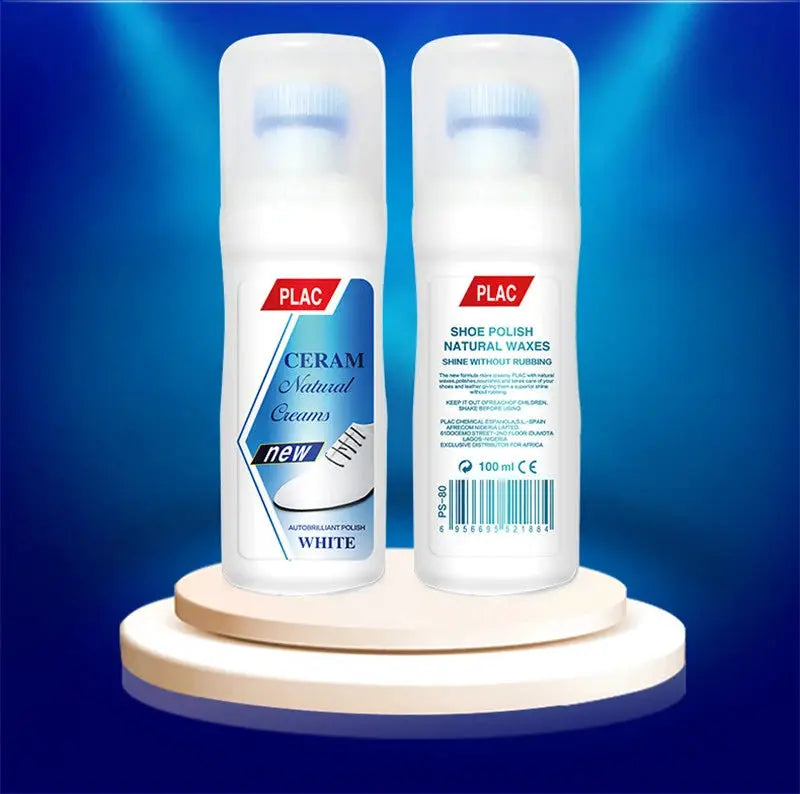 Shoe cleaner polish spray bottles, PLAC white, two on a display pedestal