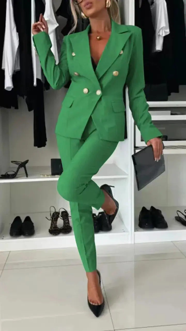 Office 2-piece green blazer suit with a double-breasted gold-button blazer and matching slim trousers