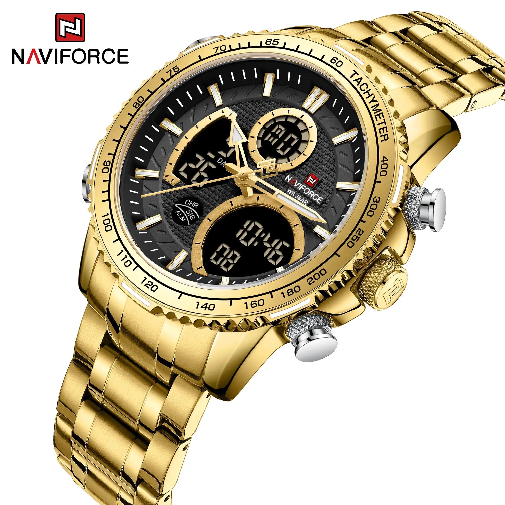 Naviforce men's gold-tone chronograph sport watch with stainless steel band