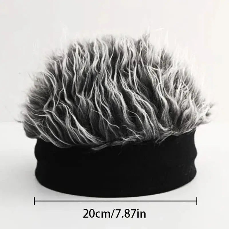 Simples Market hip-hop decorative cap wig with black knitted band and gray fluffy fur top, 20 cm wide