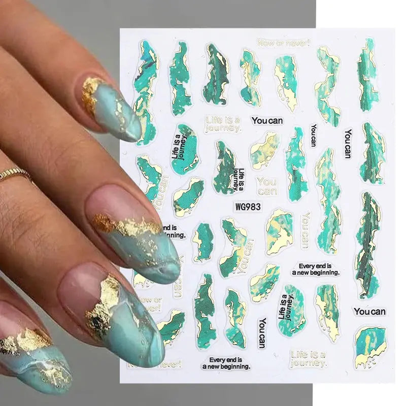 Nail art decals sheet with teal and turquoise abstract shapes and gold foil accents