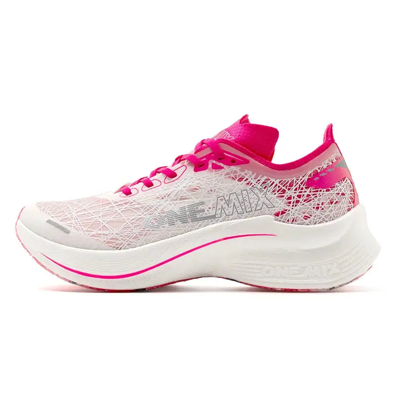 ONEMIX running shoes for men; white mesh upper with pink accents and thick white midsole with ONEMIX logo.