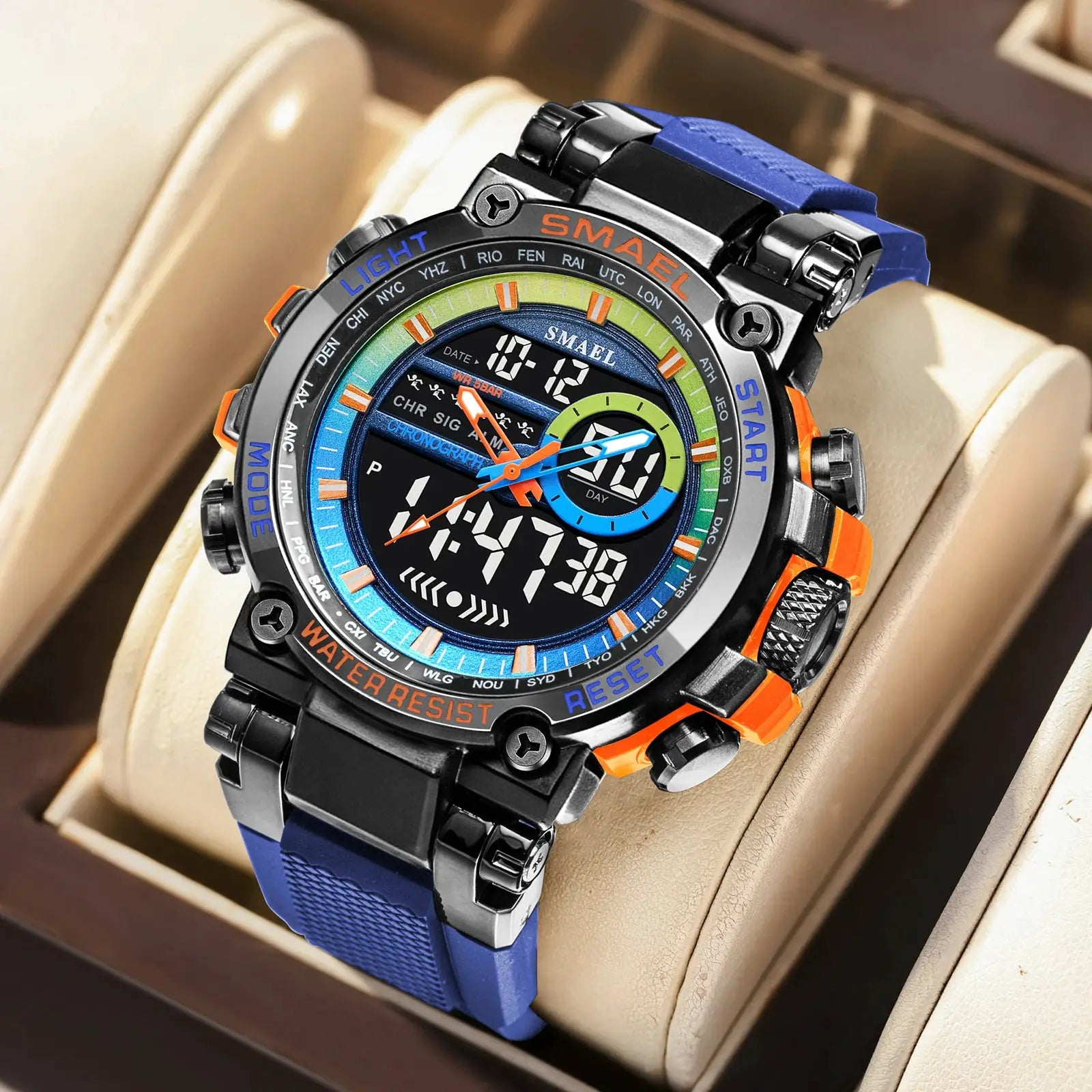 SMAEL 8141 men's digital sport watch with alloy case and blue TPU strap, multicolor dial, water resistant