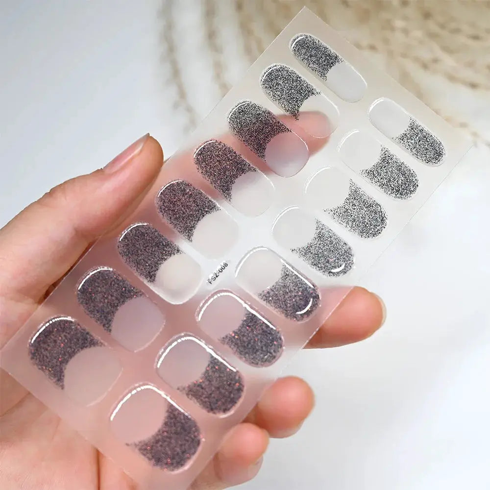 Simples Market semi-cured gel nail wraps with glitter pink tips on clear nude full-cover decals