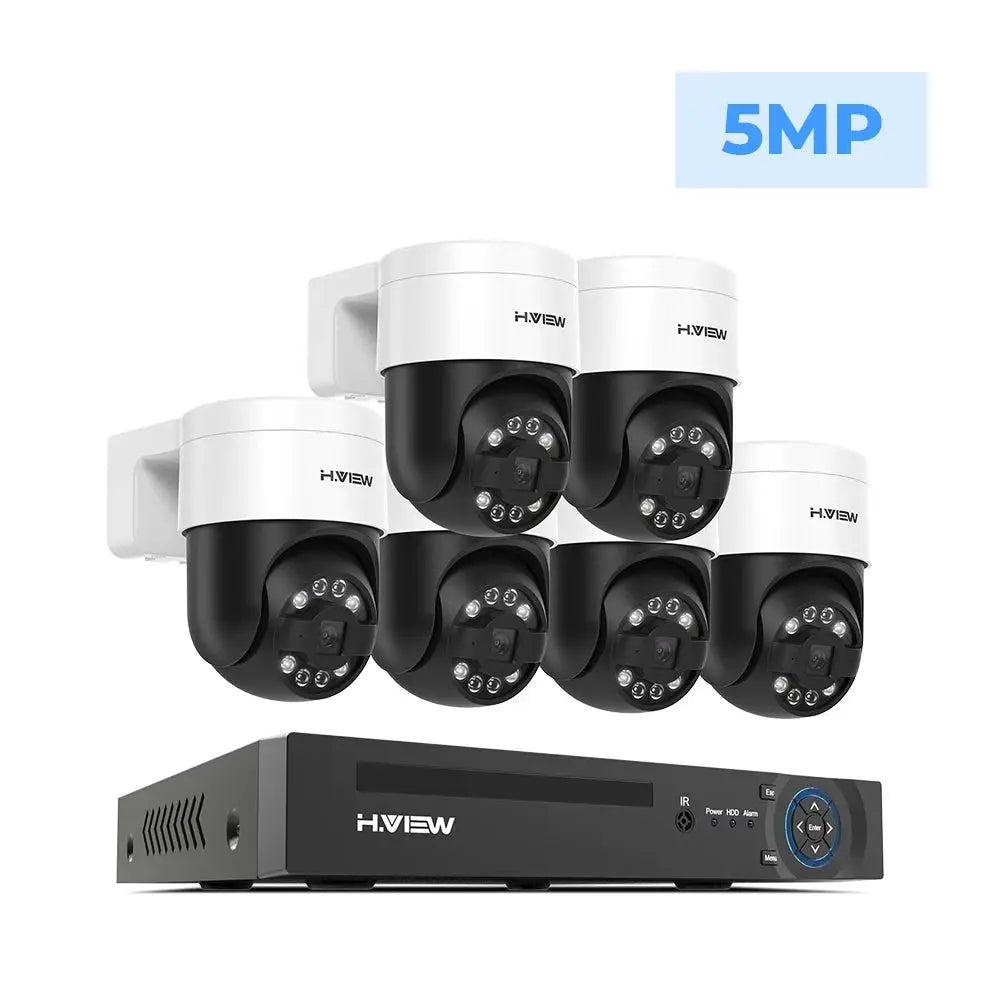 HVIEW 6-camera CCTV security system with white outdoor IP cameras and a black NVR, 5MP