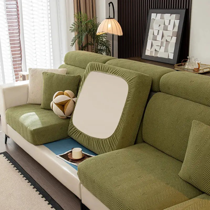 Sofa cover elastic thick plush olive green with herringbone pattern