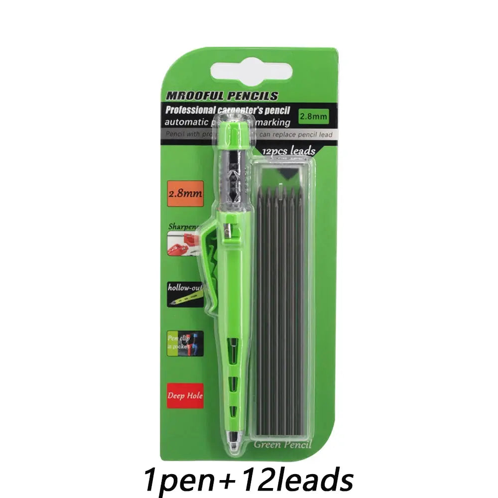 Simples Market 2.8mm woodworking pencil with 12 lead refills, green carpenter marking tool