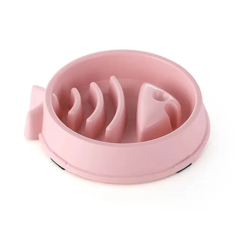 Pink round pet slow-feed bowl for cats and dogs with internal dividers and anti-slip base