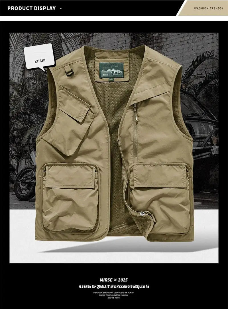 Men's khaki utility vest with multiple pockets, sleeveless, zip front, lightweight outdoor waistcoat