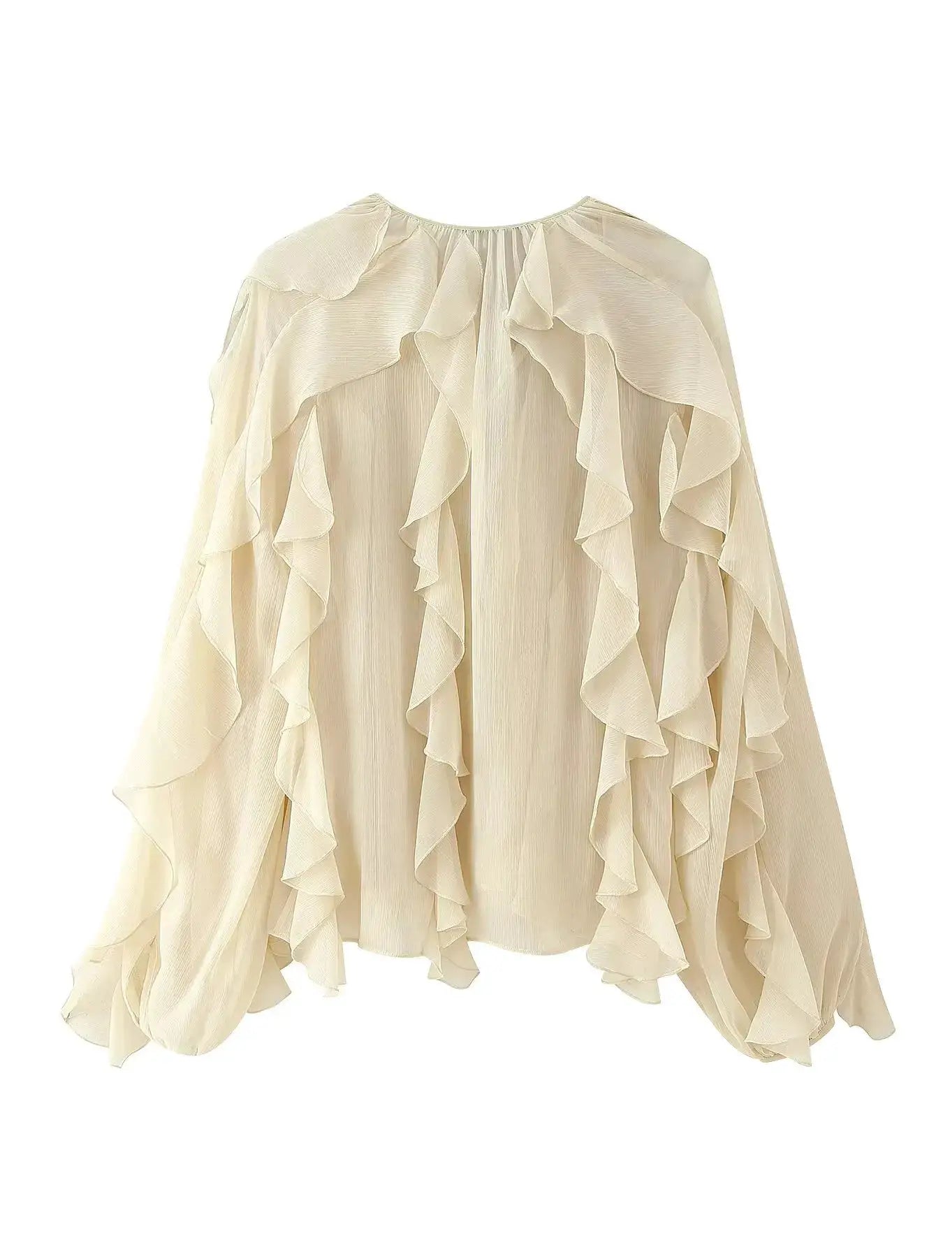 YENKYE semi-sheer ruffle blouse, ivory, long sleeves with front button detailing