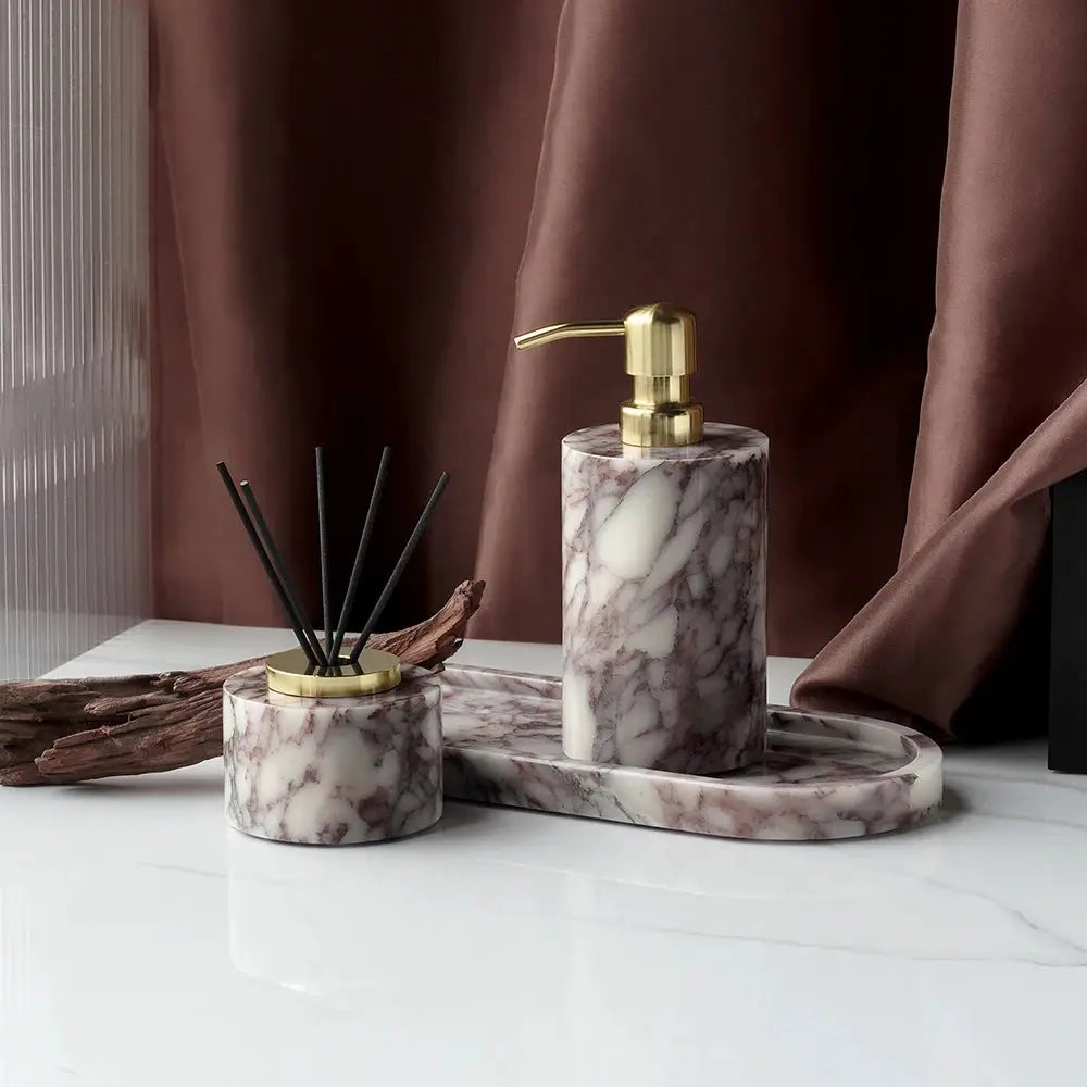 Calacatta Viola marble bathroom accessories set with soap dispenser and cotton swabs jar on matching tray, Simples Market