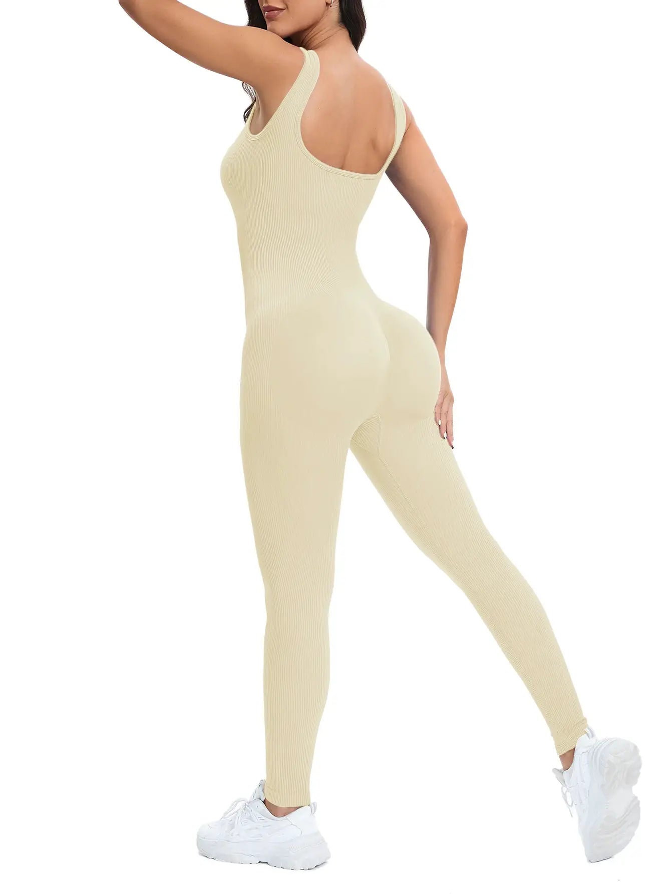 Shapewear jumpsuit for women with built-in bra, ribbed beige bodycon romper