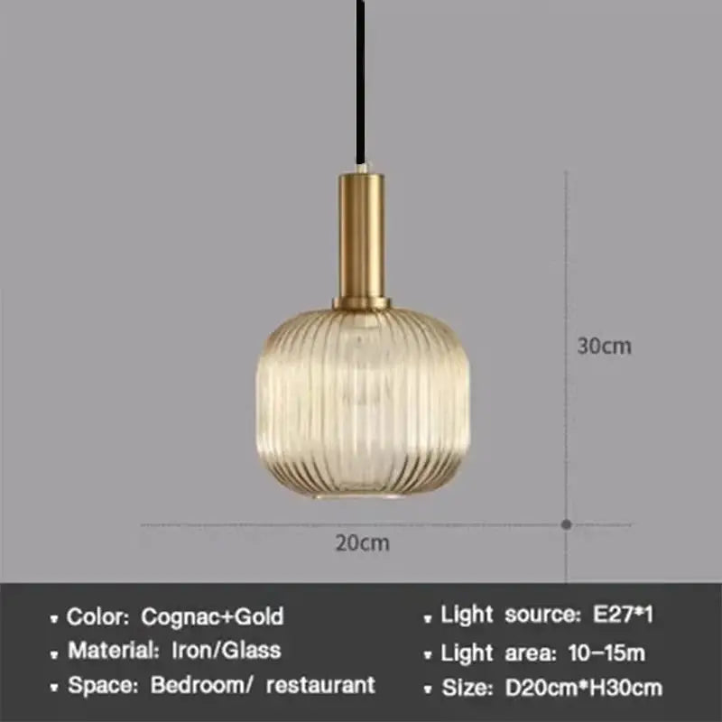 Nordic Glass Pendant Light by Simples Market; cognac glass shade with gold metal neck, single head for dining room.