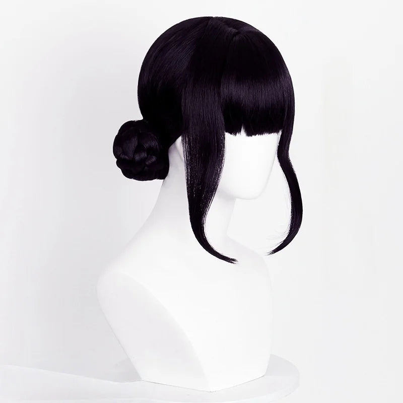 Cosplay wig by Simples Market in purple-black, long heat-resistant synthetic hair with front bangs and a back bun.