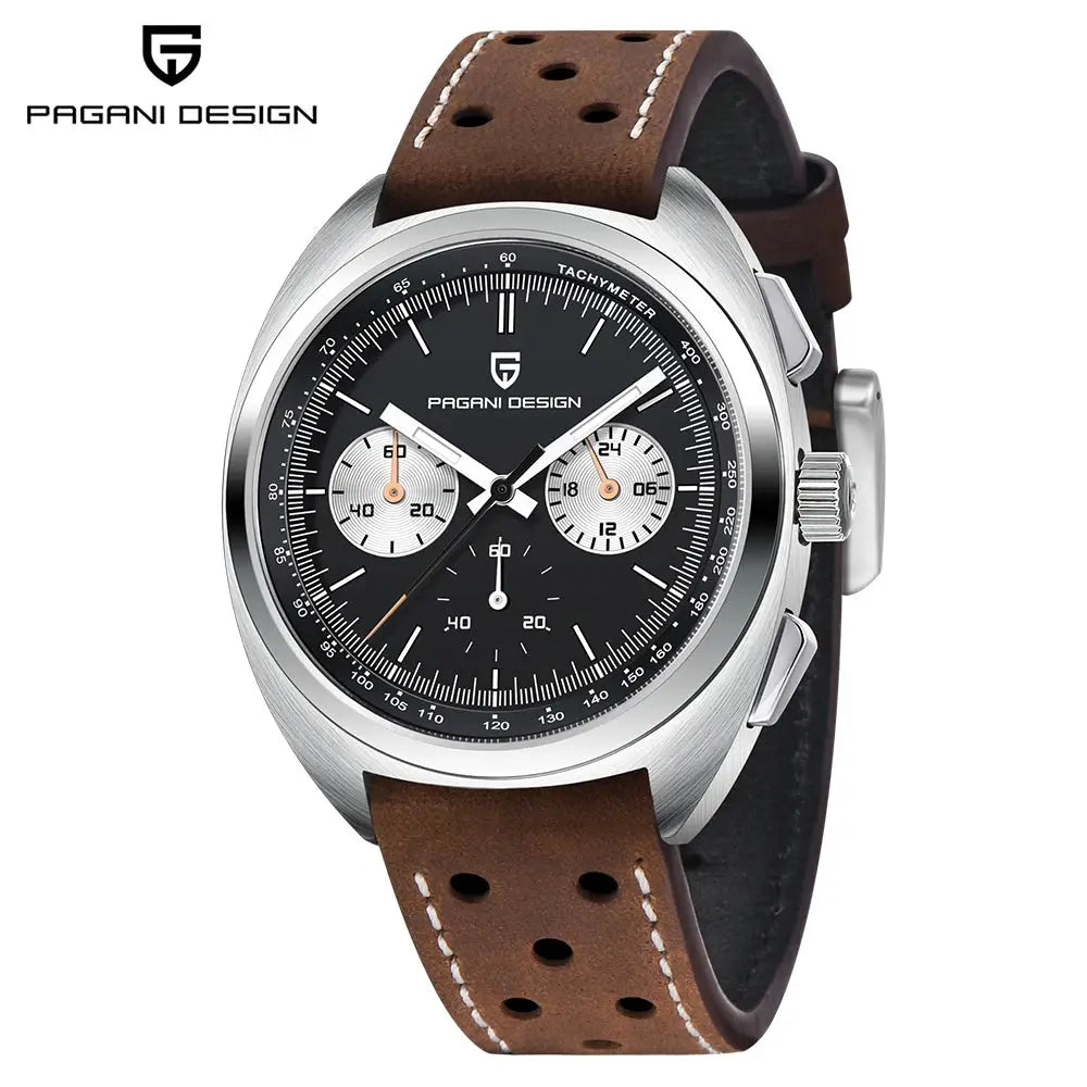 PAGANI DESIGN VK63 men's chronograph watch with black dial, silver case and brown perforated leather strap