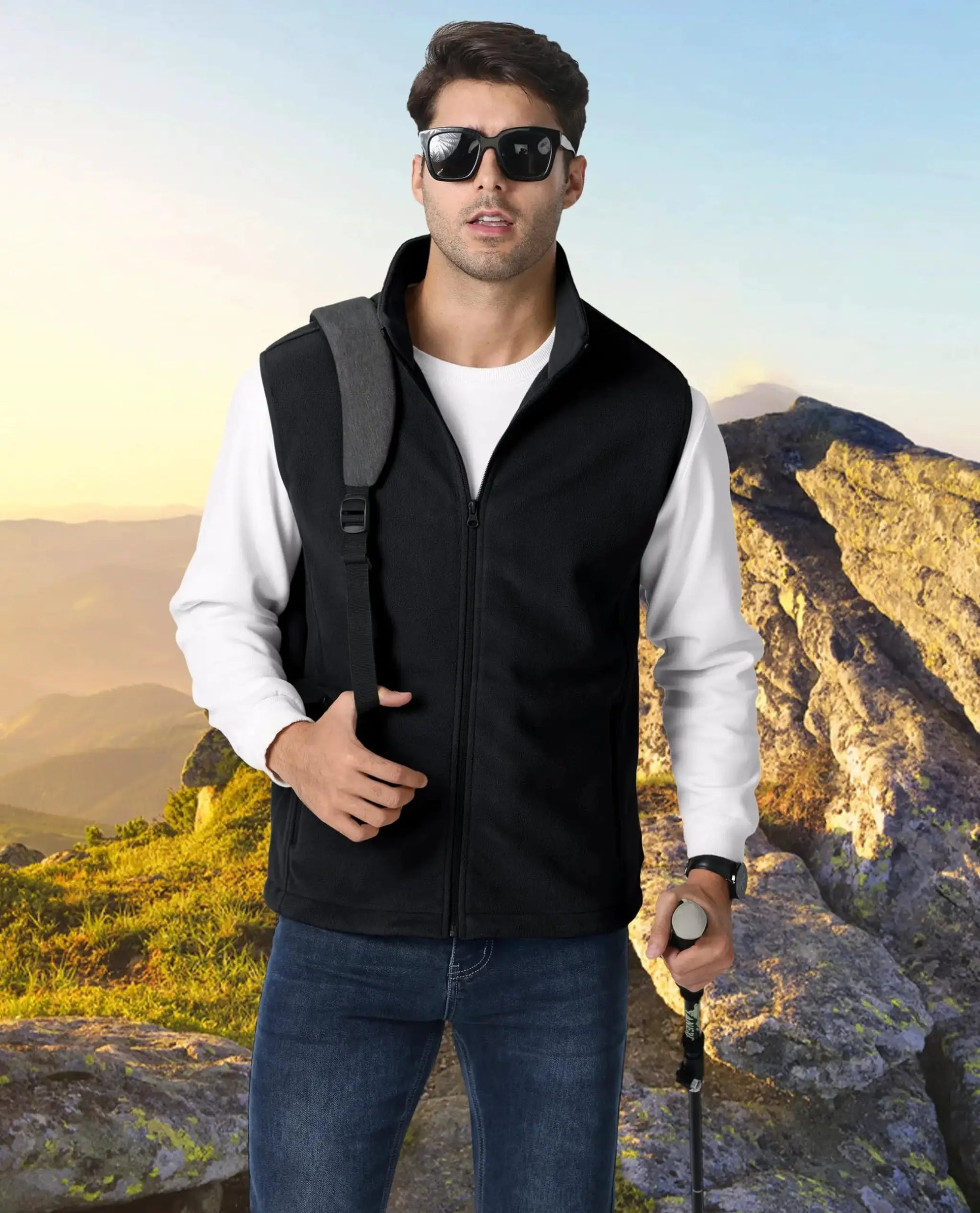 TACVASEN men's fleece vest jacket, black sleeveless with stand collar for outdoor hiking