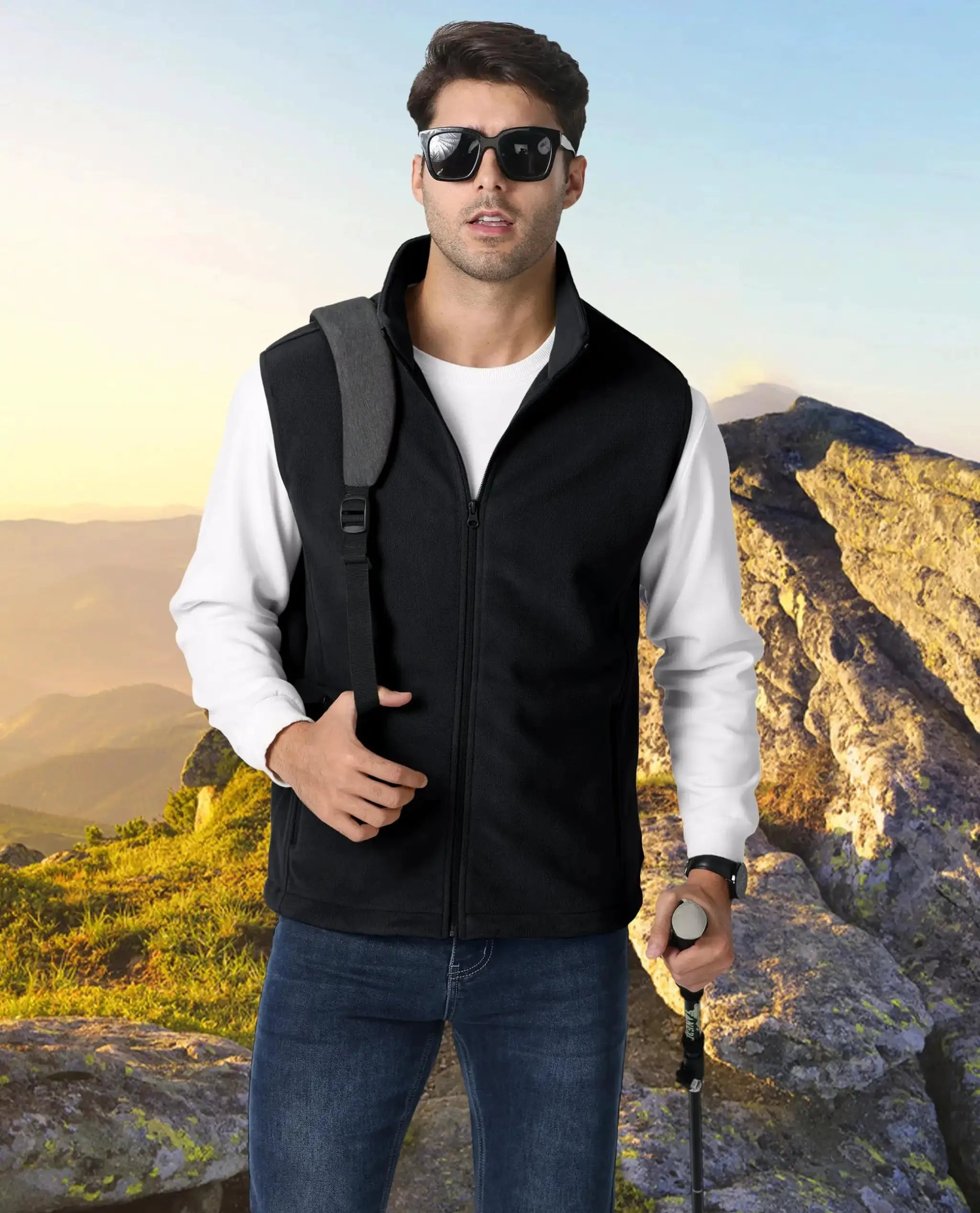 TACVASEN men's fleece vest jacket, black sleeveless with stand collar for outdoor hiking