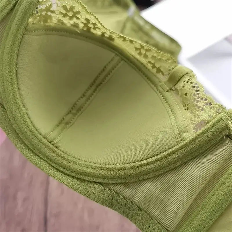 French Lace Embroidery Satin Push Up Bra Set Women Green Lingerie