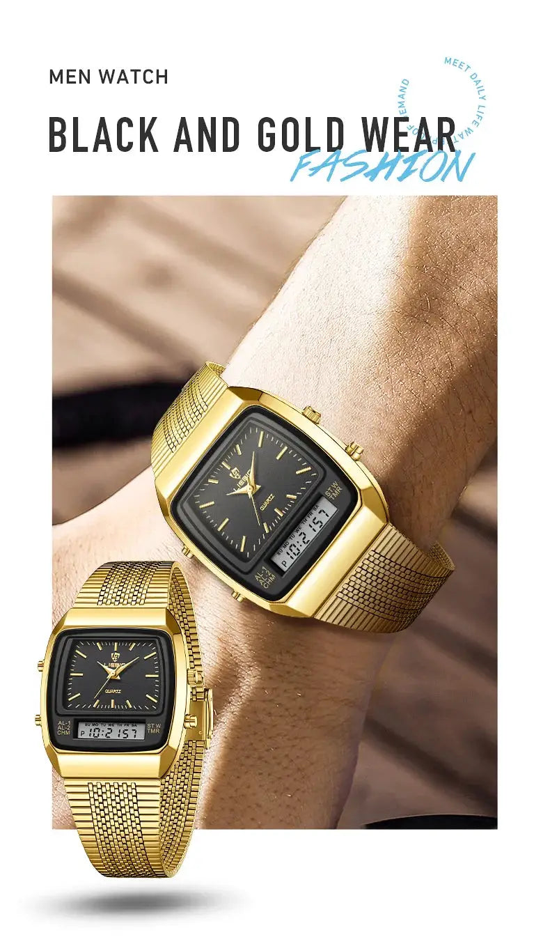 Men's gold-tone dual-time digital quartz wristwatches with black dials, 2 watches.