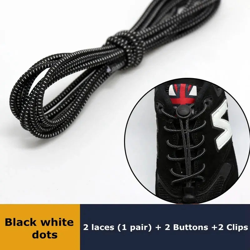 Elastic no-tie round shoelaces black with white dots for sneakers (1 pair)