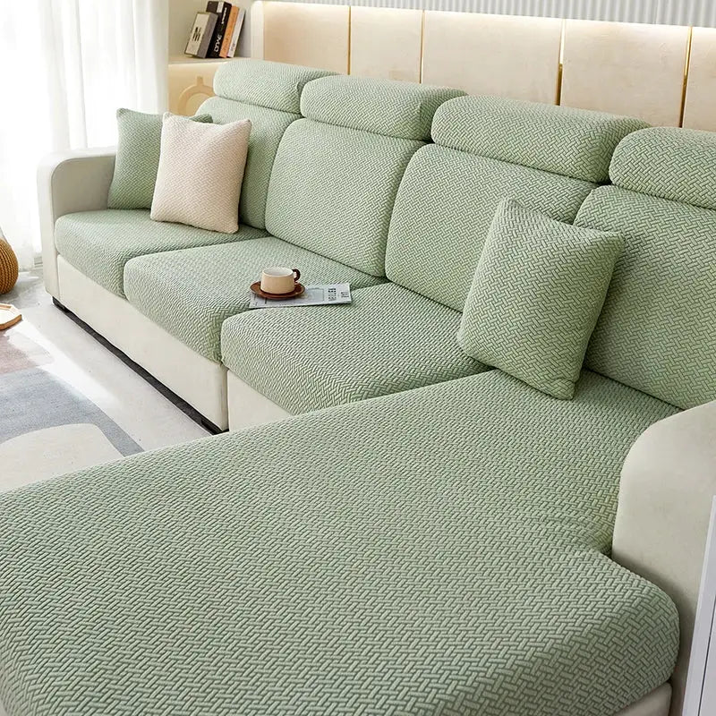 Sofa seat cushion cover in green jacquard fabric, Simples Market stretch slipcover for sofas