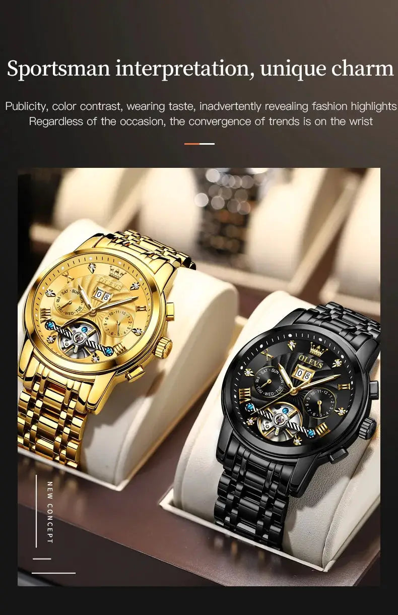 OLEVS men's tourbillon automatic wristwatches, gold and black metal bands, two watches on display.