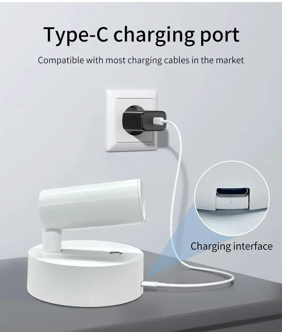 Rechargeable LED wall lamp, white, wireless magnetic spotlight with 360° rotation and Type-C charging port.