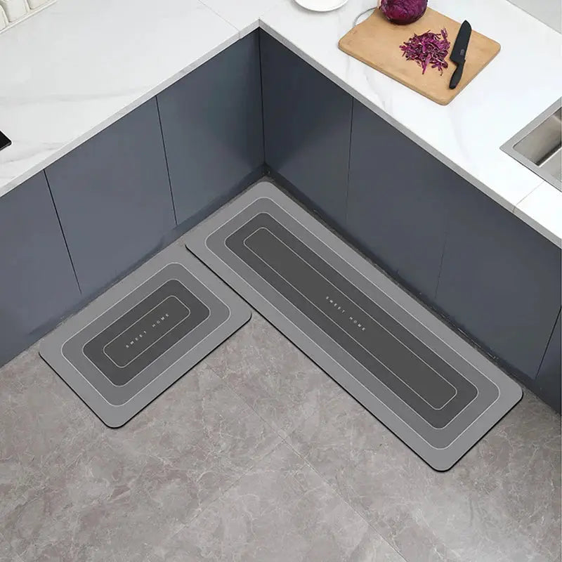 Simples Market 2-piece diatomite kitchen floor mats, gray anti-slip waterproof set.