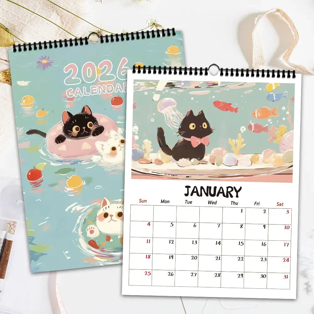 Cat wall calendar by Simples Market, 2026 Adorable Healing Black Cat Series, 12 designs (two shown).