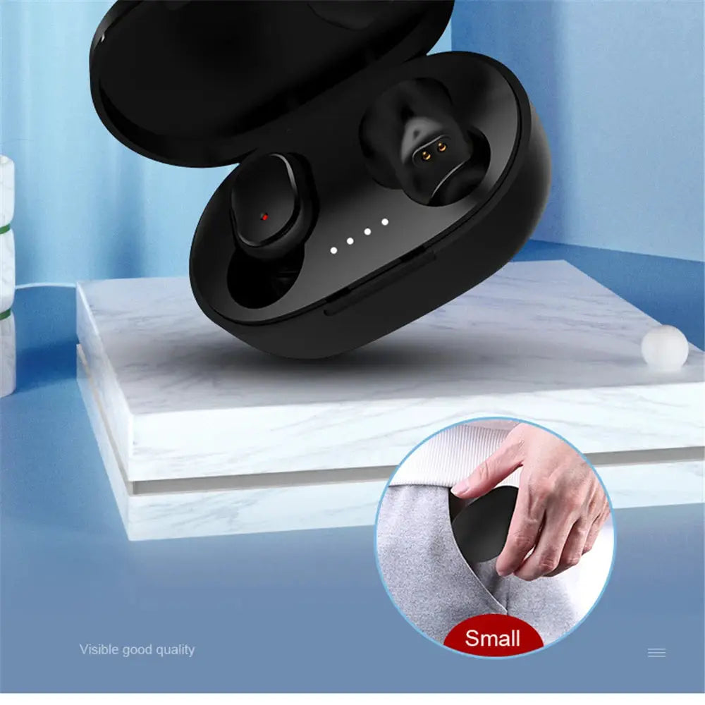 A6S wireless Bluetooth earphones with touch control in black, in compact charging case with LED indicators