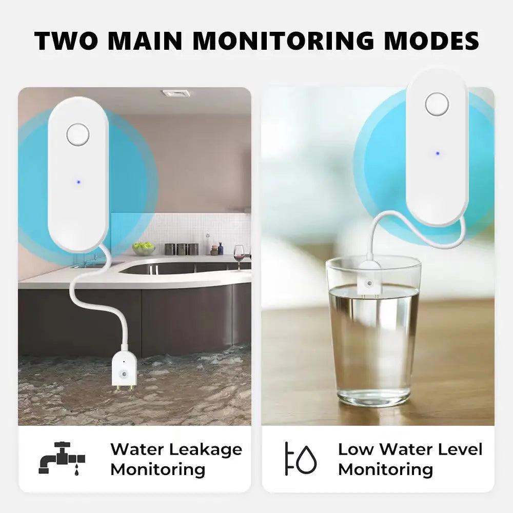 Tuya WiFi Smart Water Leak Sensor, Simples Market, white device, two-panel display for water leakage and low water level