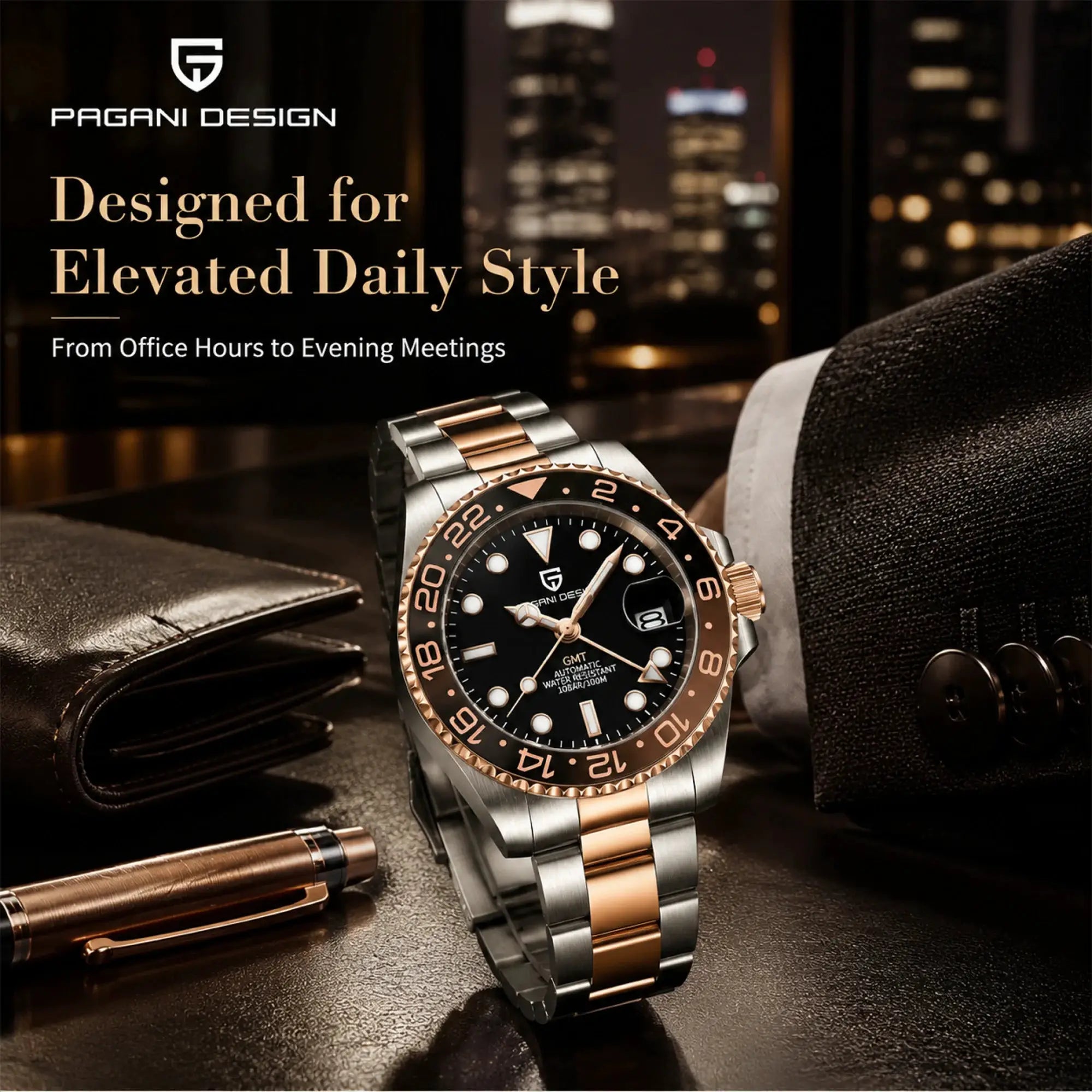 Pagani Design men's GMT wristwatch; stainless steel two-tone bracelet, black dial