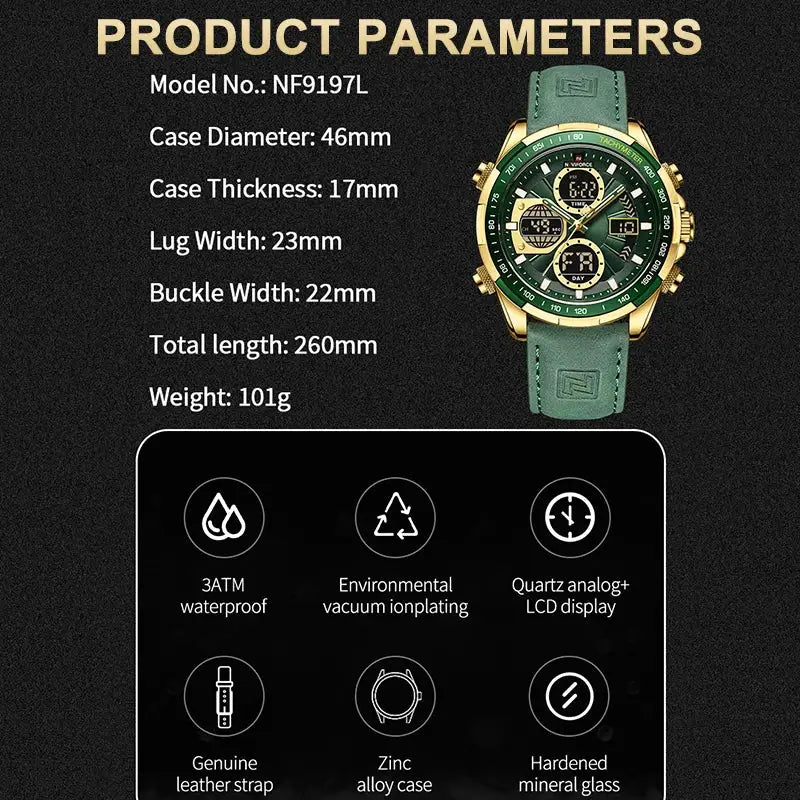NAVIFORCE men's quartz sport chronograph watch by Simples Market; green leather strap, gold-tone case, 3ATM waterproof