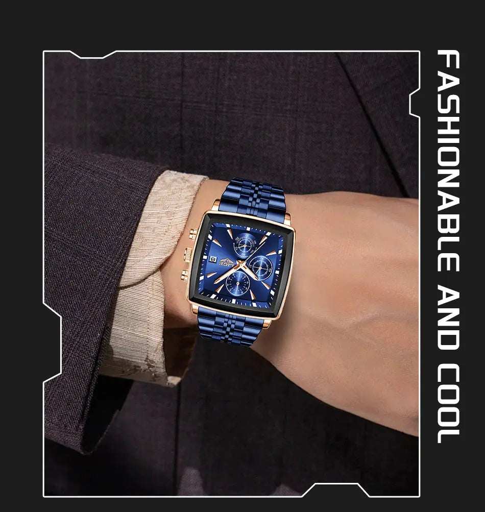 LIGE men's square blue watch with rose-gold bezel and stainless steel bracelet, waterproof quartz