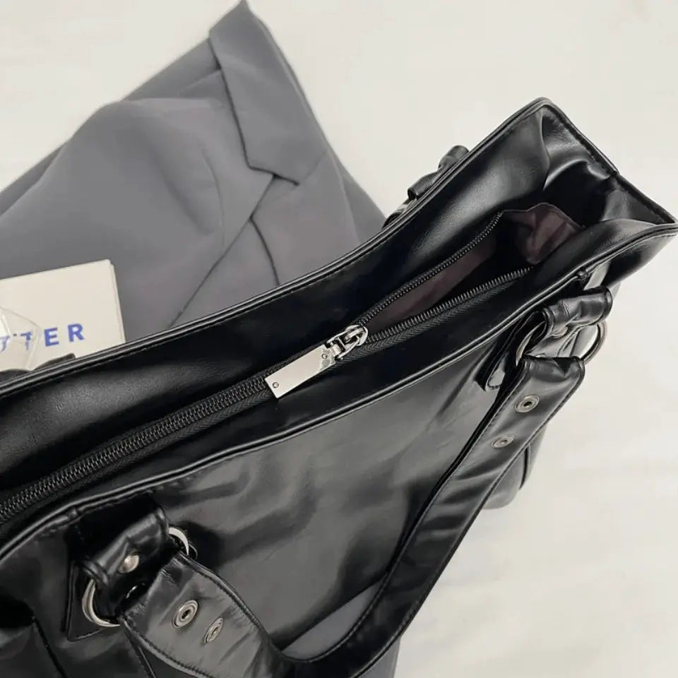 Roomy shoulder bag by Simples Market, black PU leather with top zipper