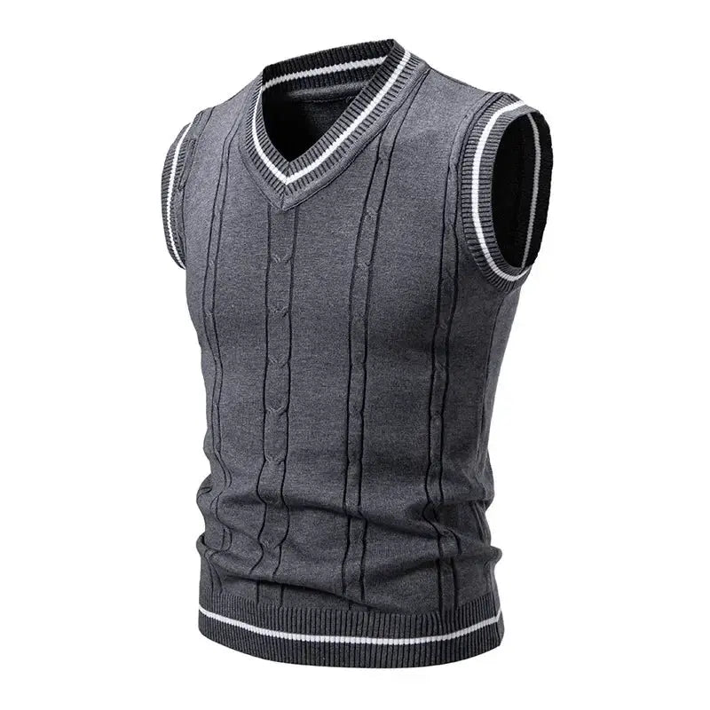 Men's gray sleeveless knit vest with V-neck, slim fit, vertical cable-knit pattern and white rib trim.