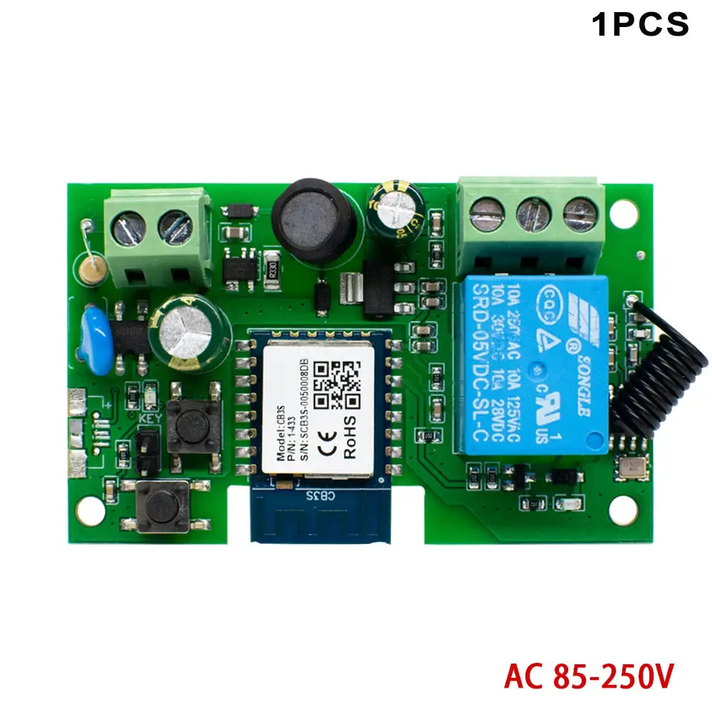 WiFi smart garage gate relay module on green PCB with blue RF433 relay and terminal blocks