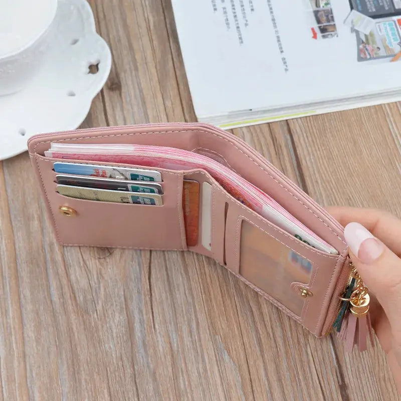 Simples Market pink PU leather wallet with card slots, ID window, coin pocket and tassel keychain