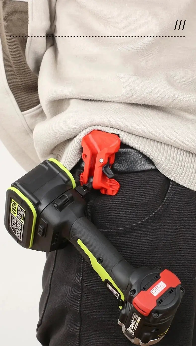 Portable self-locking drill holder with belt clip by Simples Market, red quick-release hook on a cordless drill.