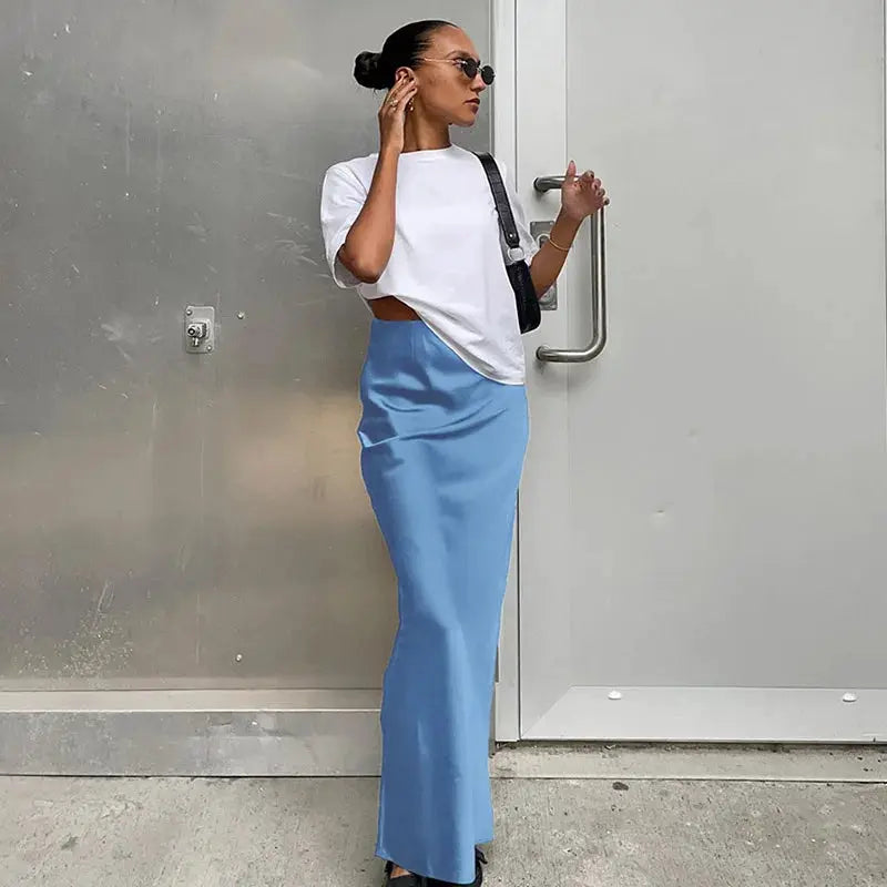 Satin trumpet skirt in light blue, high-waisted long office-style skirt for women