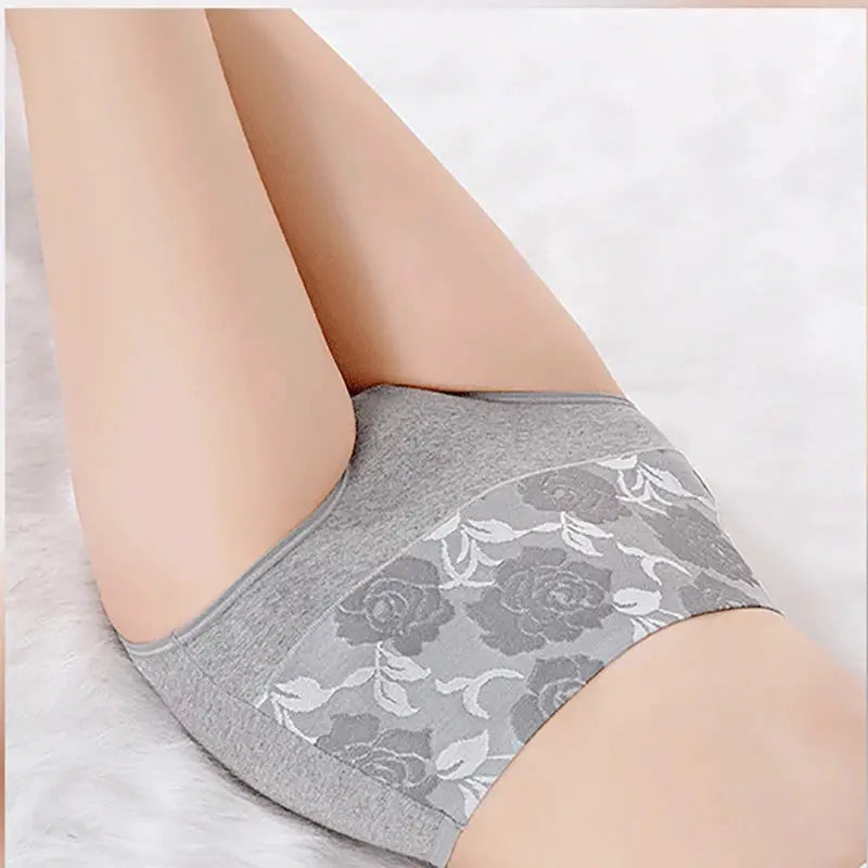Women's high-waist cotton panties in gray with floral panel, seamless plus-size underwear