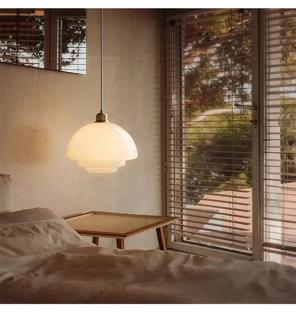 Nordic glass pendant lamp by Simples Market, white frosted glass shade with brass top for dining room/kitchen island.