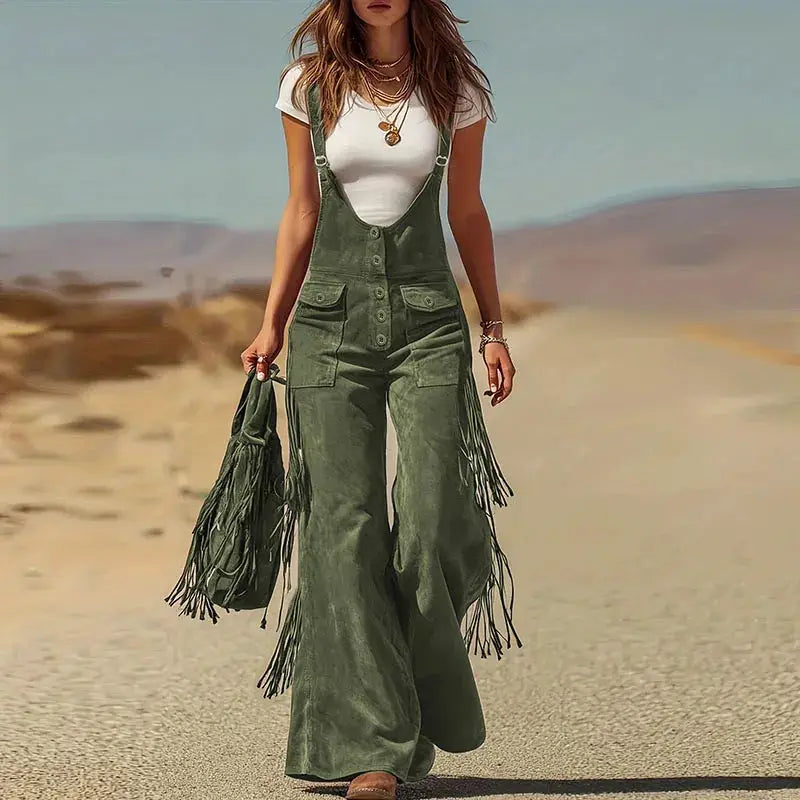 Olive green suede wide-leg overalls with front button placket, fringe tassels, and pockets by Simples Market