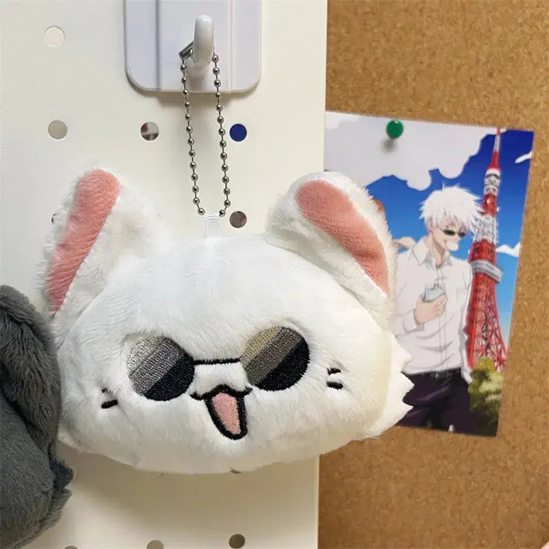 Plush keychain white bunny face with pink ears and embroidered sunglasses, Simples Market, metal ball chain