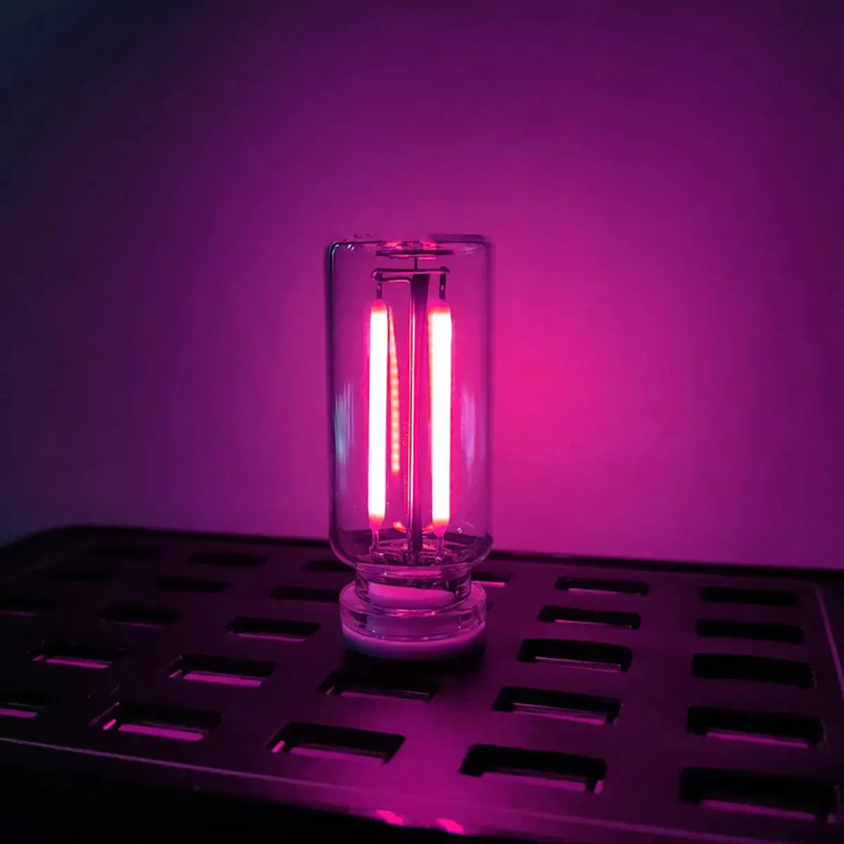 Portable USB touch night light with pink LED filament in a glass bulb