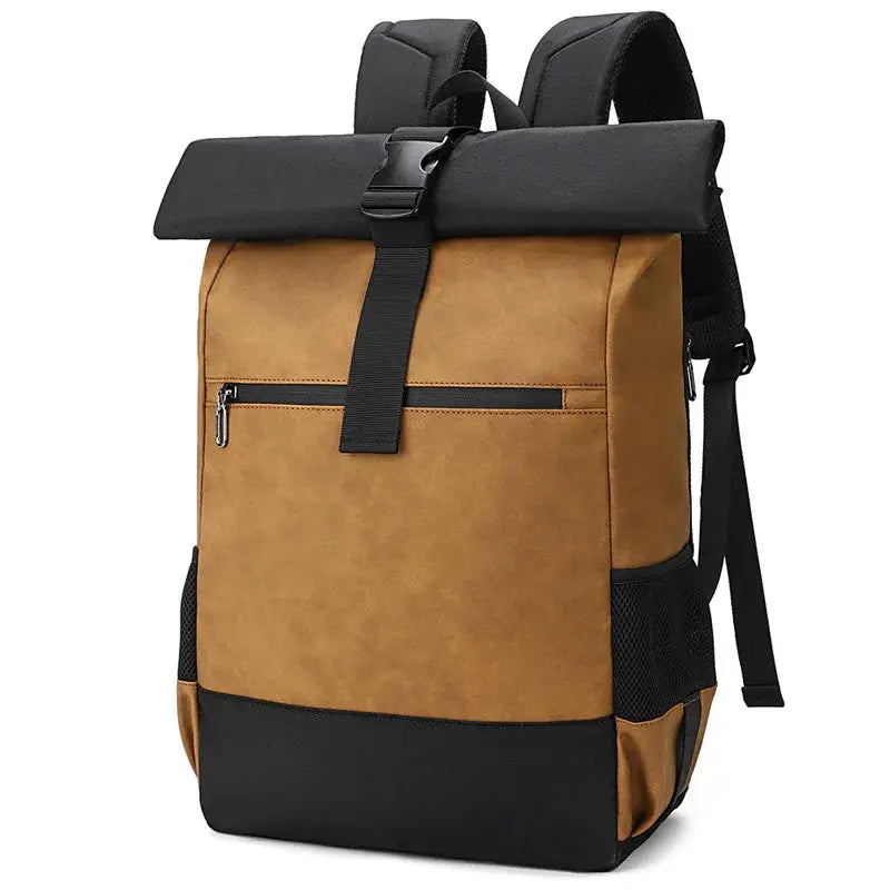 Waterproof PU leather backpack with roll-top closure, tan body, black base, front zip pocket and side mesh pockets