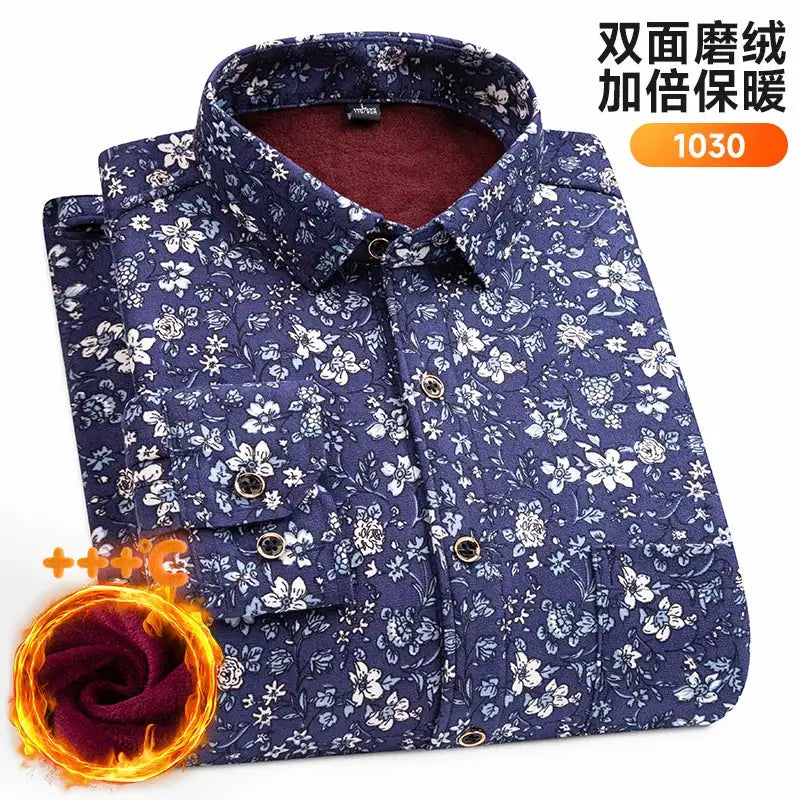 Men's long-sleeve floral shirt by Simples Market, blue with white blossoms, thick double-sided fleece for warmth