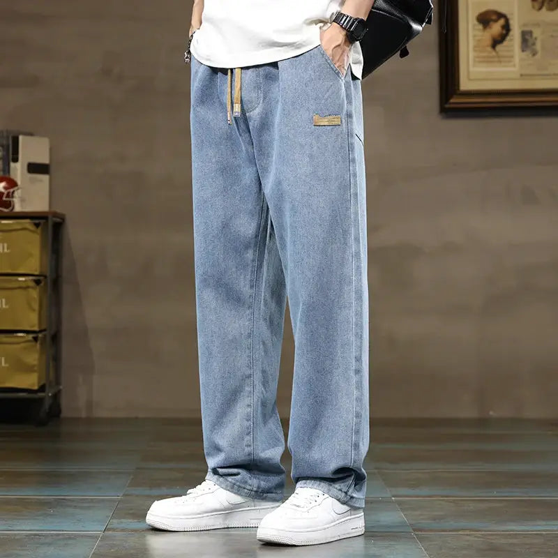 Mens Blue Gray Y2K Harajuku Baggy Jeans With Drawstring Denim